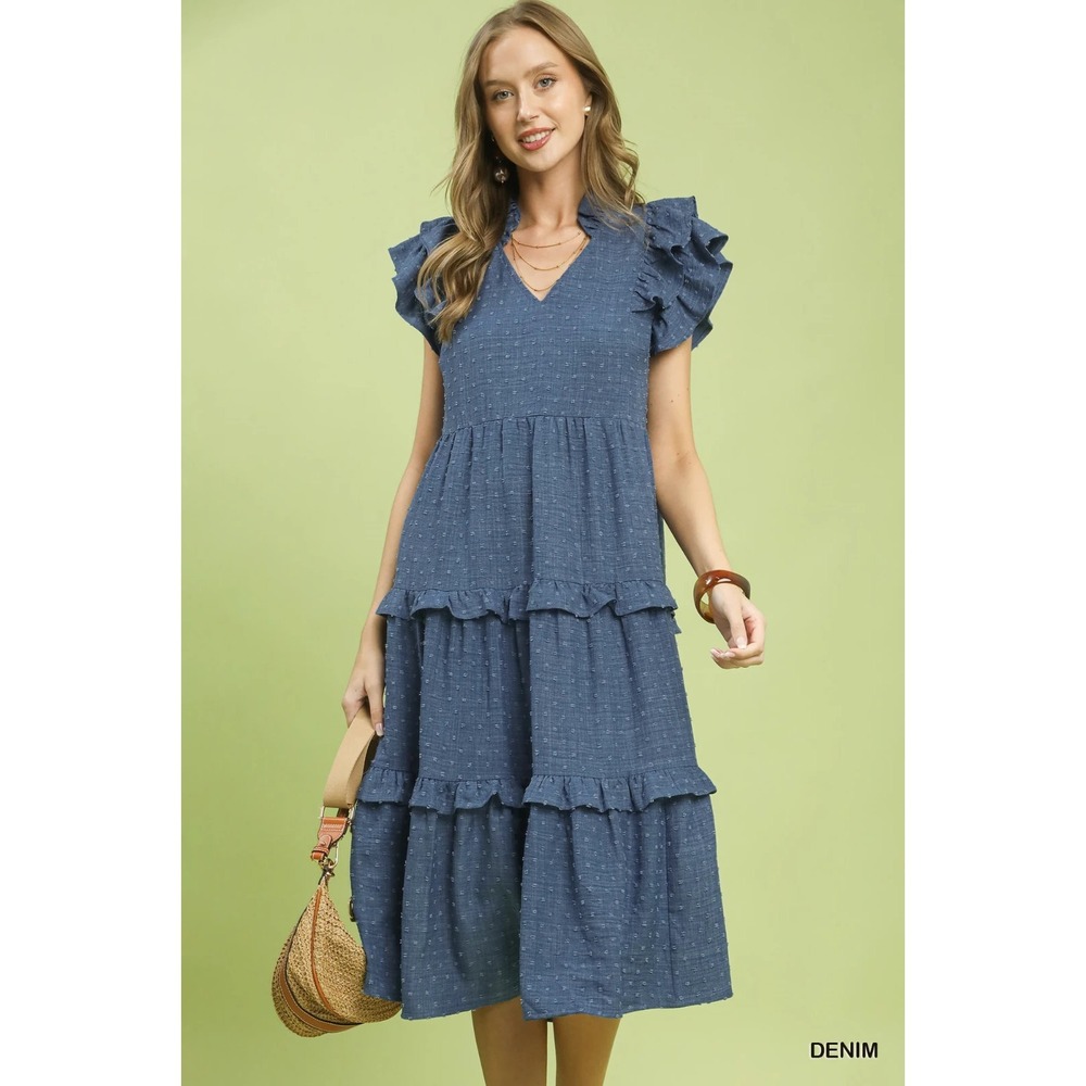 Umgee Textured Ruffle Sleeve Tiered Midi Dress - Denim - Small
